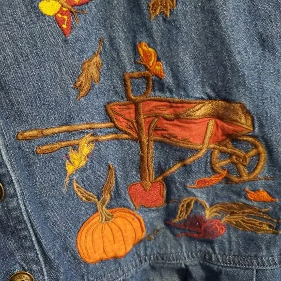 Vintage 90s Cottagecore Sunflower Fall Autumnal Denim A Line Maxi Dress - Picture 9 of 15